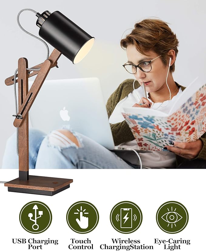 ELYONA Touch Control Desk Lamp with Wireless Charging & USB Port, Sapele Wood Reading Task Light,Adjustable, Swing Arm Table Lamp for Bedroom, Study Work, Office, Dorm, LED Bulb Included, Black