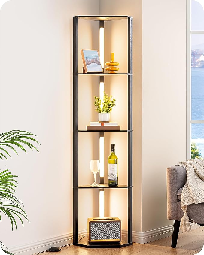 EDISHINE 64" Corner Display Shelf with Light, Modern Corner Floor Lamp with Shelves, 3CCT, Stepless Dimmable Standing Lamp for Living Room, Bedroom, Office, Dining Room, 3000K 4000K 5000K, Black
