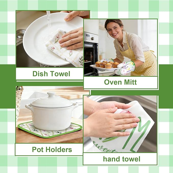 8 Pcs Tulip Floral Spring Style Kitchen Towels and Oven Mitts and Pot Holders Sets 4 Dish Towels 2 Absorbent Square Potholders 2 Heat Resistant Glove for Cooking Baking Home Gifting ﻿