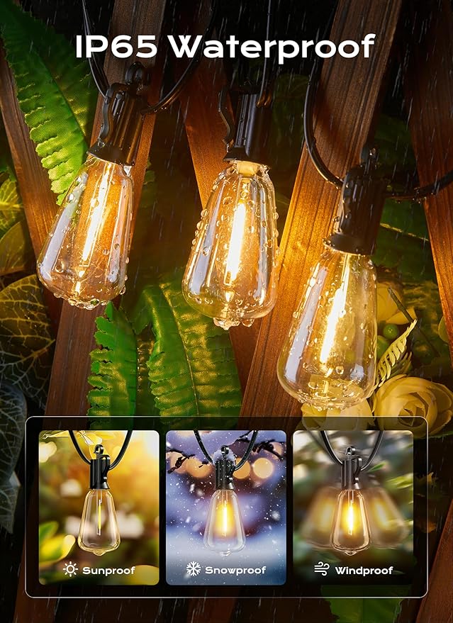 Brightown Outdoor String Lights, 50FT 25+2 LED ST38 LED Patio Lights Shatterproof, Dimmable IP65 Waterproof Connectable Hanging Outdoor Light for Backyard, Porch, Deck, Balcony