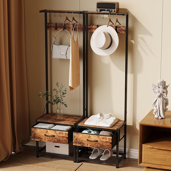 LUMTOK Hall Tree with Shoes Bench, Small Coat Rack with Fabirc Drawer and Shelf for Bedroom, 4-in-1 Entryway Organizer with Shoes Stool for Living Room, Entryway, Closets (Rustic Brown) (Brown, Small)