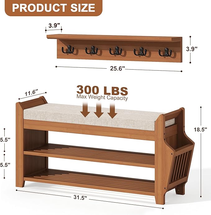 31.5" Shoe Bench with Coat Rack Hidden Drawer and Side Holder, 2 Tier Entryway Bench with Storage 39.4 in, Bamboo Shoe Rack with Cushion for Entryway Hallway Living Room Bedroom