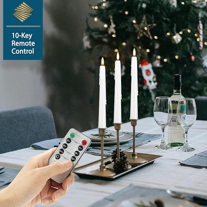 Dripless Flameless Taper Candles with Remote, Real Wax Battery Operated LED Candles Set with 3D Flickering Flame, 3Pcs White 9.6" Realistic Candlesticks as Mothers Day Gifts, Gifts for Mom