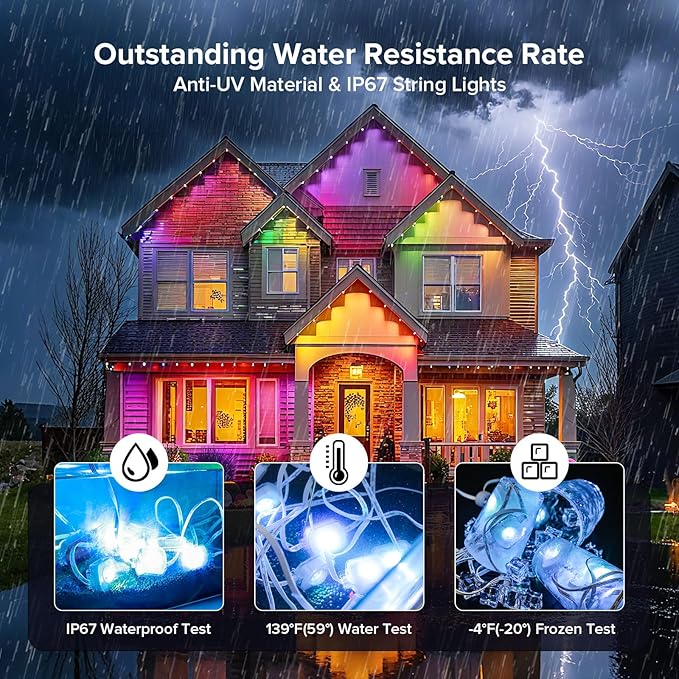 SANSI 100FT Permanent Outdoor Lights, AI Smart RGB+IC Lights 90 Scene Modes for Outside, DIY Lighting Themes for Christmas Decorations, Music Mode, IP67 Waterproof, Works with Alexa, Google Assistant