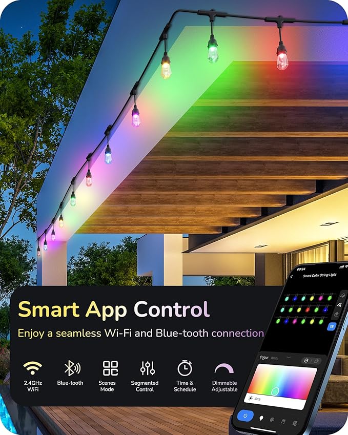 EDISHINE Smart String Lights, 48ft Outdoor Patio Lights with 18 Shatterproof Acrylic RGB LED Bulbs, APP & WiFi Control, Compatible with Alexa, Waterproof Dimmable Outdoor Lights for Halloween Decor