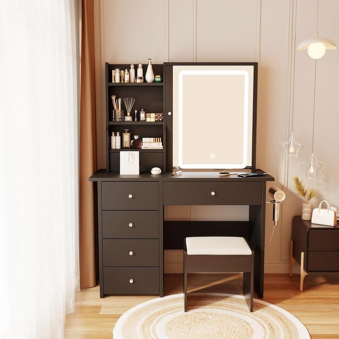 DYHOME Makeup Vanity Desk with LED Lights Mirror 3 Adjustable Modes and Power Outlets, Vanity Table with 6 Drawers Dresser and Bench, Makeup Desk for Bedroom Dressing Room, Black