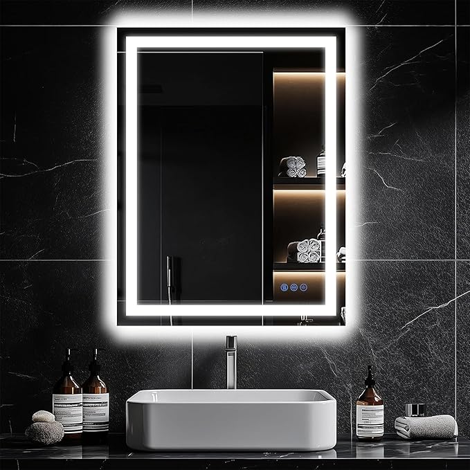 Antok 24"x 32" LED Bathroom Mirror with Lights, Anti-Fog, Dimmable, Lighted Vanity Mirror with Tempered Glass, Memory Function, 3 Light Modes, Safe Use, Horizontal, Vertical, Wall Mount
