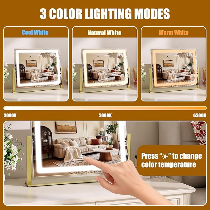 Vanity Mirror with Lights, 16"×12" LED Makeup Mirror, HD Professional Mirror, 10X Magnification, Smart Touch with 3-Color Lighting, Dimmable, 360° Rotation, Lighted Up for Makeup Desk, Bedroom (Gold)
