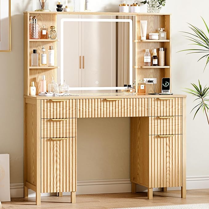 Vanity Desk with Large 27.2" Mirror and Lights 47.2" Fluted Makeup, 5 Drawer Vanity with Power Strip, 4 Open Shelves, 2 Cabinet, Modern Bedroom Vanity Featuring Visual Transparent Glass. Wood