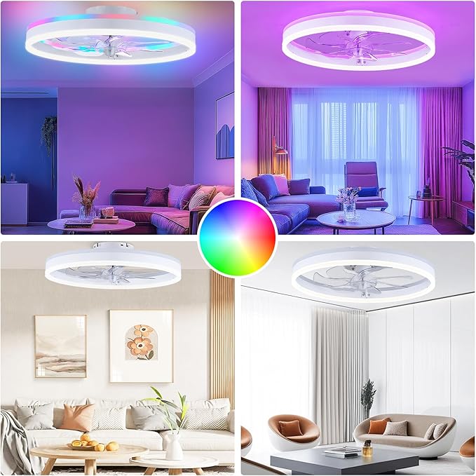 RGB Ceiling Fans with Lights, 20" Fandelier Low Profile Ceiling Fan with Light, Modern Flush Mount Ceiling Fan Light with Remote/APP Control, Bedroom Chandelier Fan Fixture for Indoor(White)