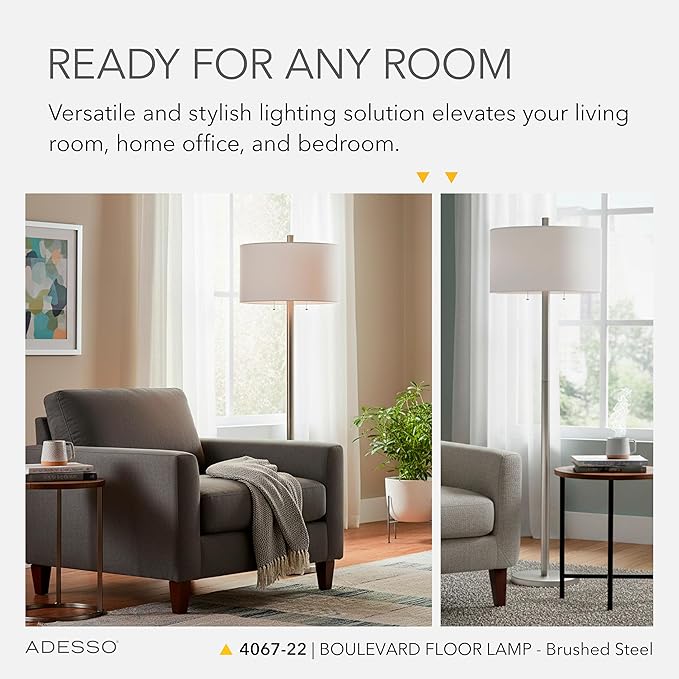 Adesso Floor Lamp with Dual Pull Chains, Brushed Stee; Finish, White Fabric Lampshade – Bedroom, Home Office Lighting, or Living Room Decor, 61” x 18.5”