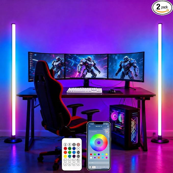 ICRGB Corner Floor Lamp, 2 Pack Smart LED Floor Lamps with App & Remote Control, Music Sync, 16 Million Colors, Auto Timer, Modern Ambient Standing Light for Gaming Room, Living Room, Bedroom