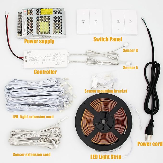 Wall Switch Control and Motion Sensor LED Stair Lighting Kit RW-5620, 40 Inches Long Cuttable LED Light for Indoor LED Stair Lights (Warm White 3000K, 12 Stairs)