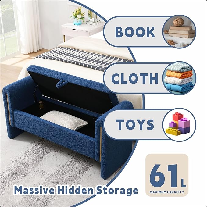 Modern 52" Storage Ottoman Bench, Upholstered End of Bed Storage Bench with Armrests, Entryway Bench, Teddy Foot Rest Stool for Living Room Hallway Bedroom (Navy Blue)