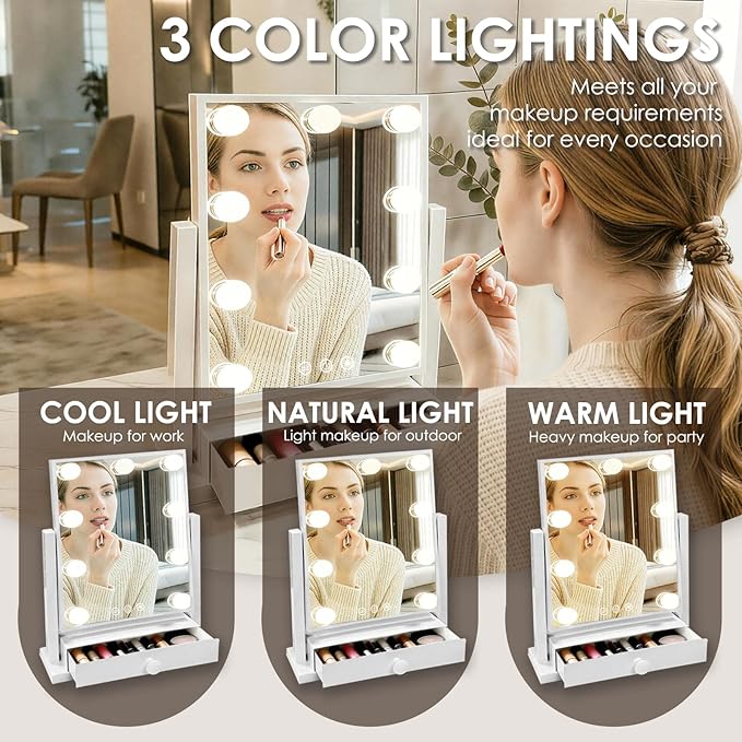 Vanity Mirror with Lights with Drawer,USB Charging Port, Hollywood Makeup Mirror with 9 Dimmable Bulbs,3 Color Lighting Modes, Detachable 5X Magnification, Smart Touch Control Gifts for Women