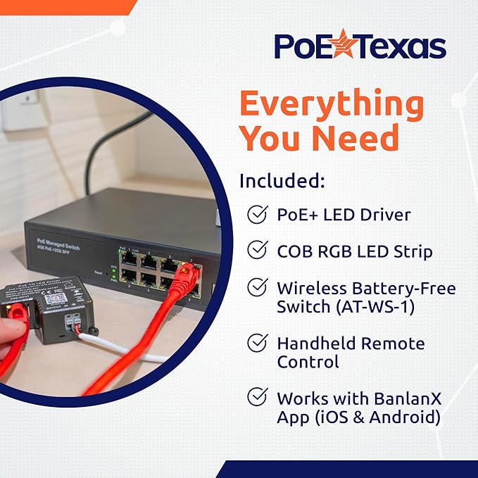 PoE Texas RGB LED Strip Lighting Kit - Plug & Play PoE Driver with COB LED Strip - Wireless Light Switch & App Control - Individually Addressable Color Changing Dotless Lights for Home or Office