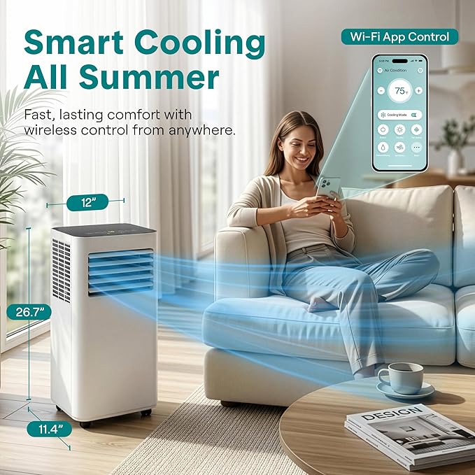 SereneLife Small Air Conditioner Portable 8,000 BTU with Built-in Dehumidifier - Portable AC unit for rooms up to 350 sq ft - WiFi app + Remote Control, Window Mount Exhaust Kit