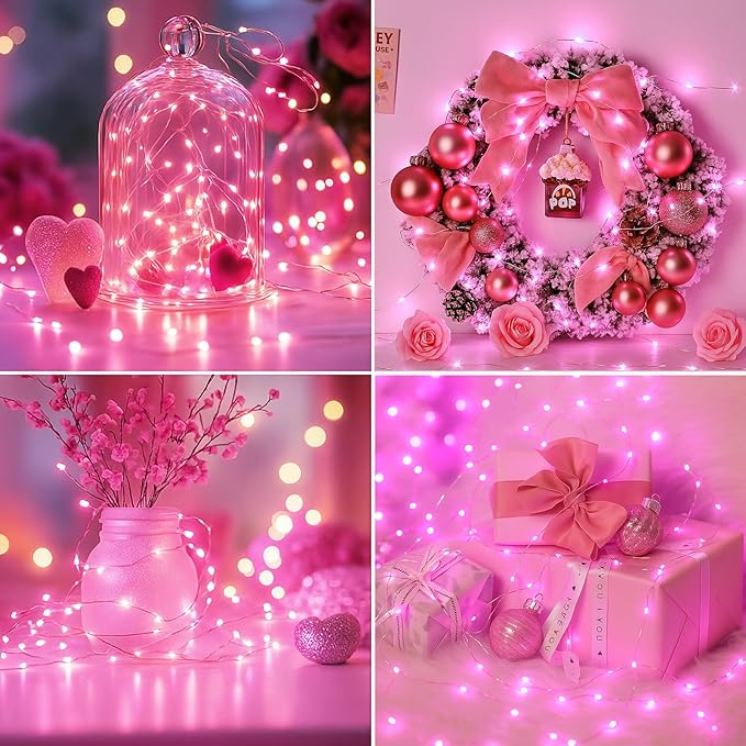 6 Pack Fairy Lights Battery Operated - 7ft 20 Led Twinkle Lights 3 Modes, Bulk Mini String Light Waterproof for Mason Jars Vases DIY Party Wedding Decoration Valentines Day - Pink