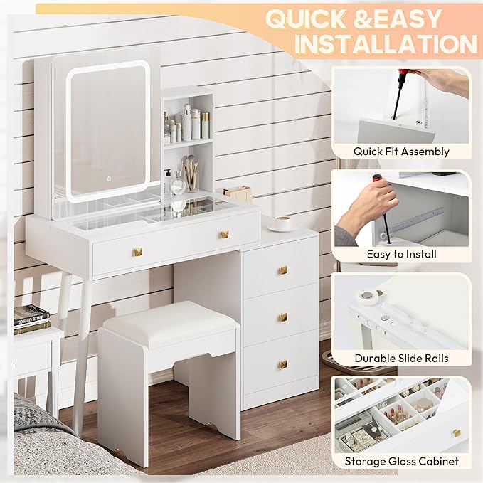NUNU LAB Makeup Vanity Desk with Mirror and Lights Set, White Vanity Table with Glass Top and 3 Lighting Modes, Vanitys Desk with Stool, 5 Drawers for Bedroom Girls