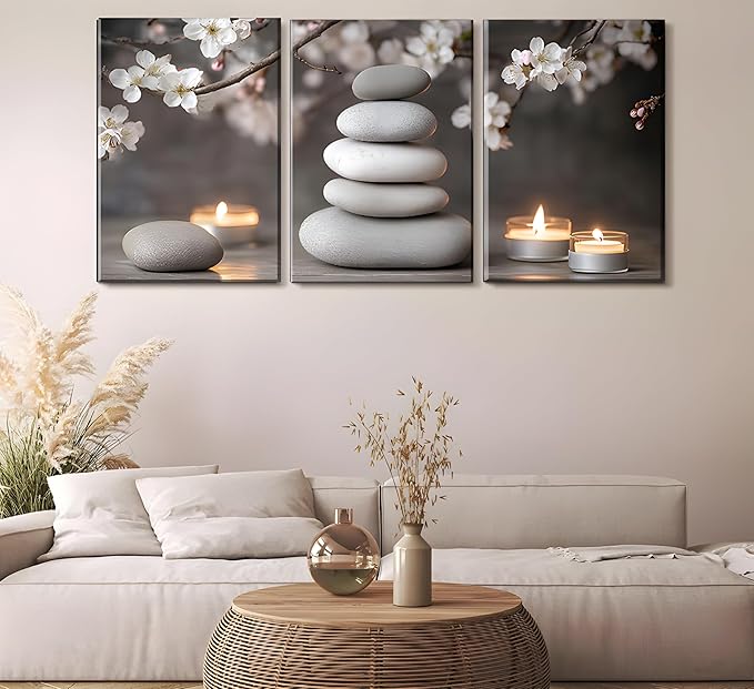 ZHJIOFXG 3 Piece Zen Canvas Wall Art Stacked Stones Cherry Blossom Candle Spa Wall Decor Minimalist Neutral Calming Art for Bathroom Bedroom Yoga Room Office Living Room 12x16in Wrapped Canvas