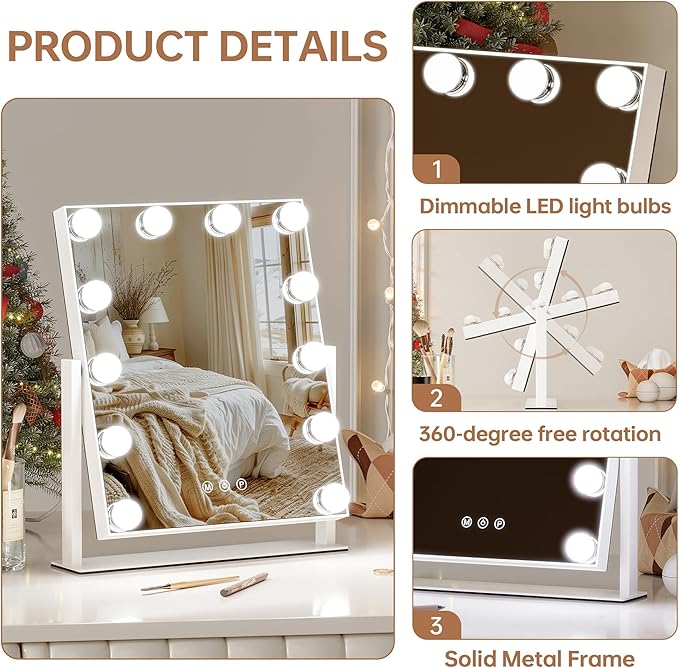 Vanity Mirror with Lights, 12 Bulbs Makeup Mirror with Smart Touch Control, 3-Color Dimmable Lighting, 360° Rotation