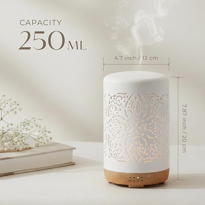 Earnest Living Essential Oil Diffuser White Ceramic Diffuser 250 ml Timers Night Lights and Auto Off Function Home Office Humidifier Aromatherapy Diffusers for Essential Oils