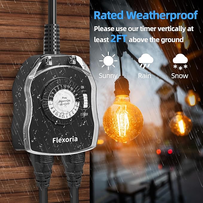 Outdoor Timer Outlet Waterproof, 24 Hour Mechanical Plug in Light Timer, 2 Grounded Outlets for Outdoor Lights, 15A 1/2 HP, ETL Listed (1 Pack)