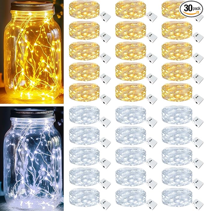 kolpop 30 Pack LED Fairy Lights Battery Operated, 7FT 20 LED Mini Twinkle String Lights Battery Powered Waterproof for Christmas Mason Jars Party (Cool&Warm)
