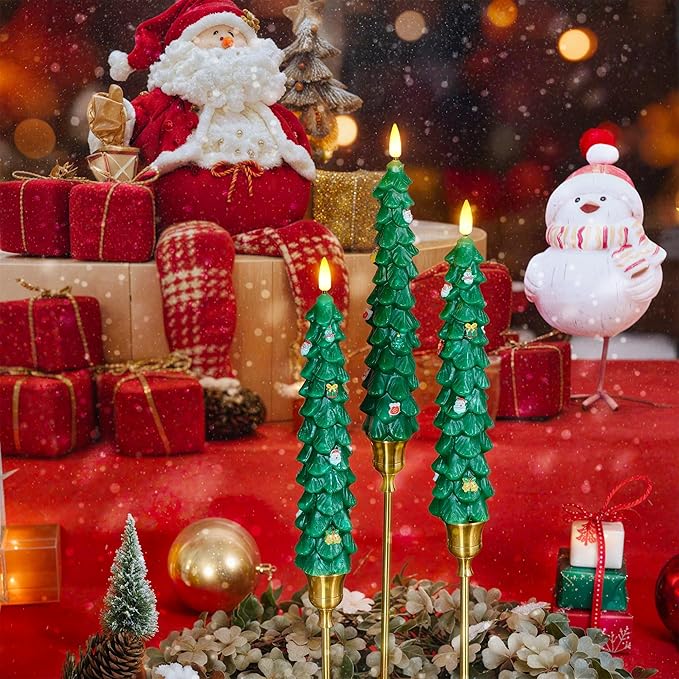 3 PCS Christmas Tree Taper Candles with Remote & Timer, Flameless Christmas Tree Wax Battery Operated Green Tree LED Candle for Christmas Home Decor(3pcs,9.5inch)
