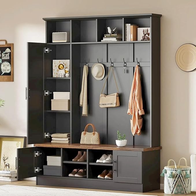 Modern 55‘’ Wide Hall Tree with 6 Hooks, Wood Brown Grain Minimalist Shoe Cabinet with Adjustable Shelves, Versatile Entryway Coat Rack for Living Room Hallway (Black-11A)