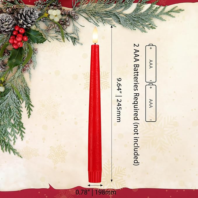 Red Flameless Taper Candles with 3D Wick, 9.6" Real Wax LED Candles with Remote and Timer, 3 Pack Flickering Candlesticks Battery Operated, Classic Tall Taper Candle for Home, Wedding, Party