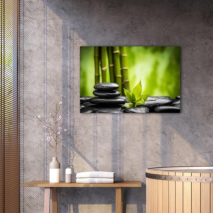 GUTTATY Zen Wall Art Decor, Modern Bathroom Zen Decor Wall Art, Relaxing Canvas Wall Art for Spa Zen Room Decor, Green Bamboo Forest and Pebble Art Prints for Office & Spa Wall Decor 18x24 Inches
