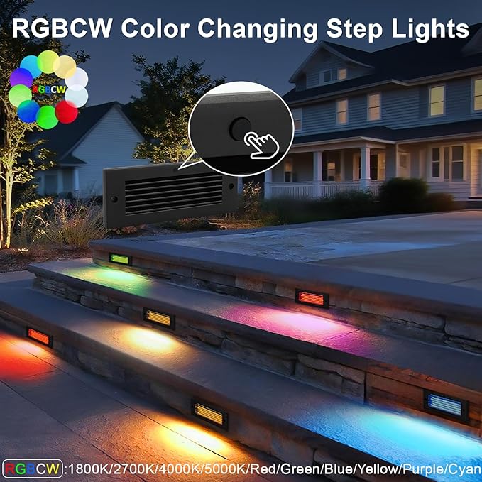 Low Voltage Step Lights, RGBCW, 5W, 8.7 Inch, Black, 12V LED RGB Color Changing for Wired Low Voltage Landscape Lighting of Outdoor Deck Stair Step Fence, Surface Mount, ETL, 6PK