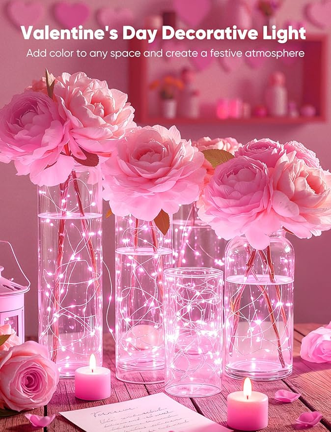 Minetom 12 Pack Pink Christmas Lights, 7ft 20 LED Fairy Lights Battery Operated, Valentines Day Decorations, 8 Modes Waterproof Silver Wire Twinkle Lights, Valentine's Day Lights