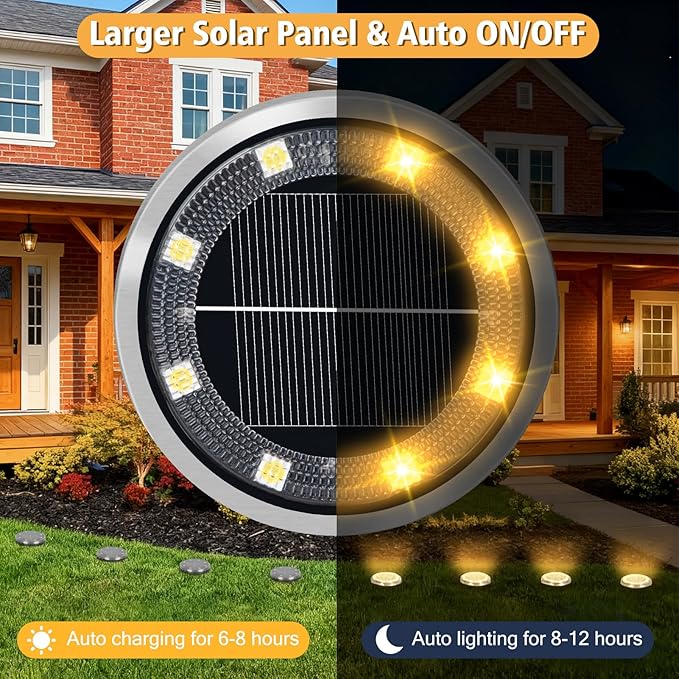 ZAIYW 12 Pack Solar Ground Lights Outdoor Waterproof Pathway Lights Solar Powered Disc Landscape Lighting for Garden Lawn Yard Walkway Deck Decoration (Warm White)