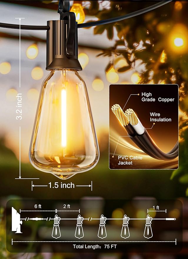 Brightown 75FT Solar String Lights Outdoor Waterproof with Remote, 35+1 LED Shatterproof Bulbs, Dimmable & Timable, 3 Light Modes - Commercial Grade Patio Lights for Garden Backyard Party Decor