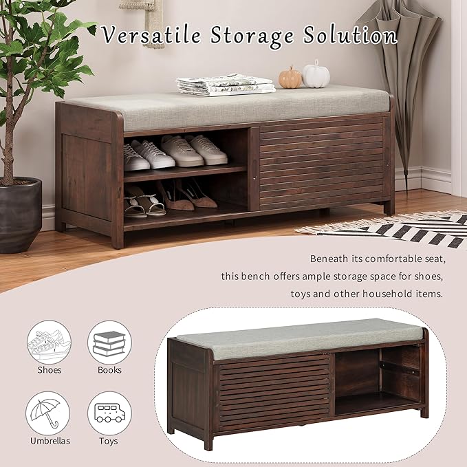 Amposei Modern Classic Storage Bench 43.3-Inch Wooden Entryway Shoe Storage Bench Cabinet with Removable Seat Cushion & Sliding Shutter-Style Doors for Living Room Entrance Hallway, Espresso
