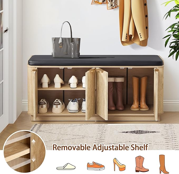 43.3''W Fluted Entryway Shoe Storage Bench with 4 Doors and Adjustable Shelf, 2-Tier Entry Bench Seat with Shoe Storage and Cushion, Shoe Cabinet Bench for End of Bed, Foyer - Natural