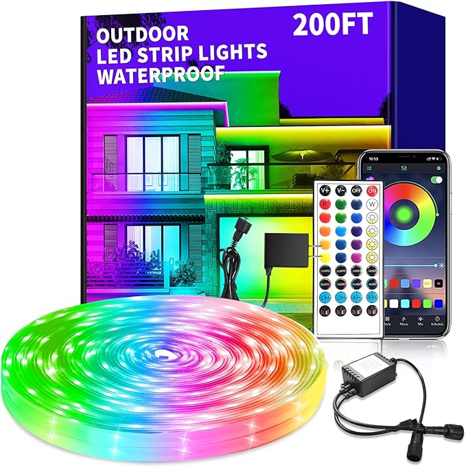 200ft Outdoor LED Strip Lights Waterproof,IP68 Waterproof Strip Lights with Remote,App Control Music Sync RGB Outdoor LED Rope Lights,LED Lights for Bedroom,Roof,Pool,Deck