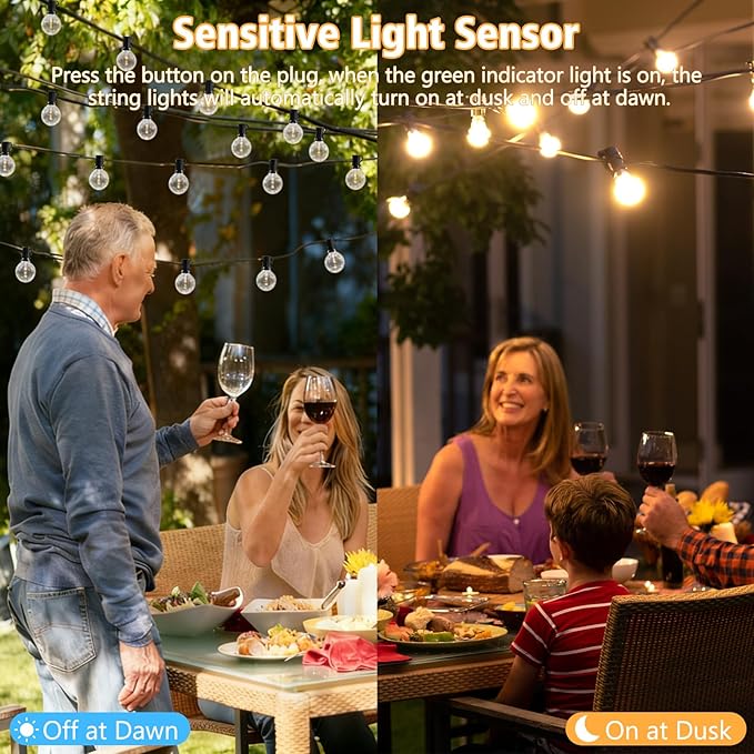 G40 LED Outdoor String Lights, 50FT LED Patio Lights with Light Sensor Timer, 27 Shatterproof Globe Bulbs(2 Spare), Waterproof Connectable Hanging Lights for Backyard Porch Balcony Decor