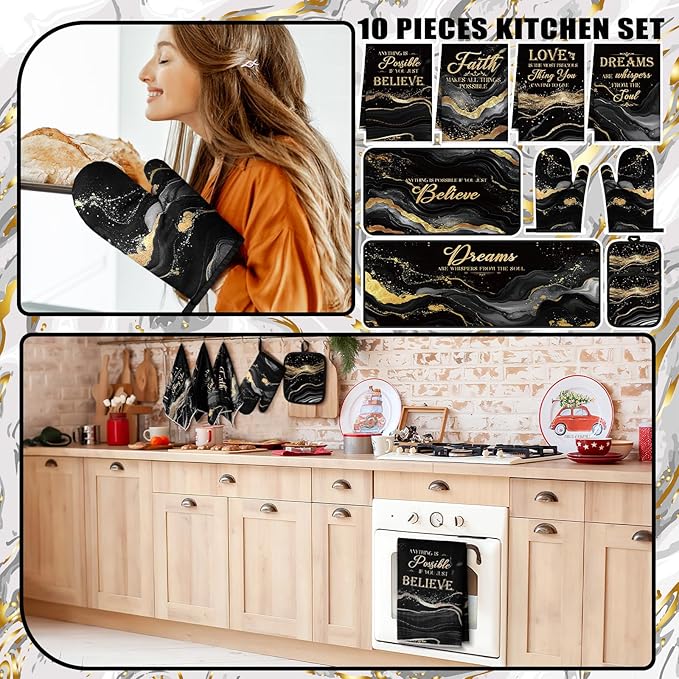 Fourluoo 10 Pcs Kitchen Dish Towels Rugs Oven Mitts and Pot Holders Kit Farmhouse Kitchen Decor Set Gloves Vintage Potholders for Baking Cooking Chef(Black,Elegant)