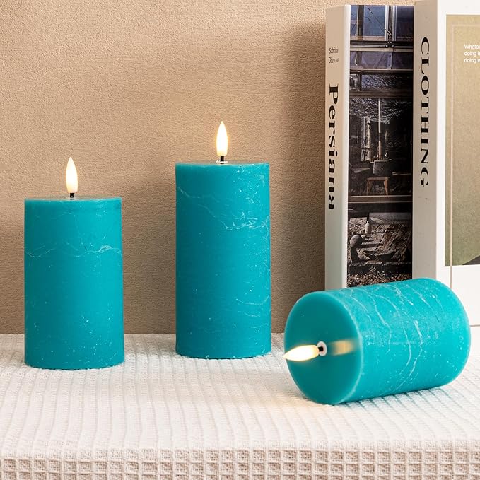 Teal Flameless Candles, Real Wax Battery Operated Candles with Remote, Flat Top Flickering LED Pillar Candles for Home Party Wedding Holiday Decor, Set of 3 (H 4" 5" 6" x D3)