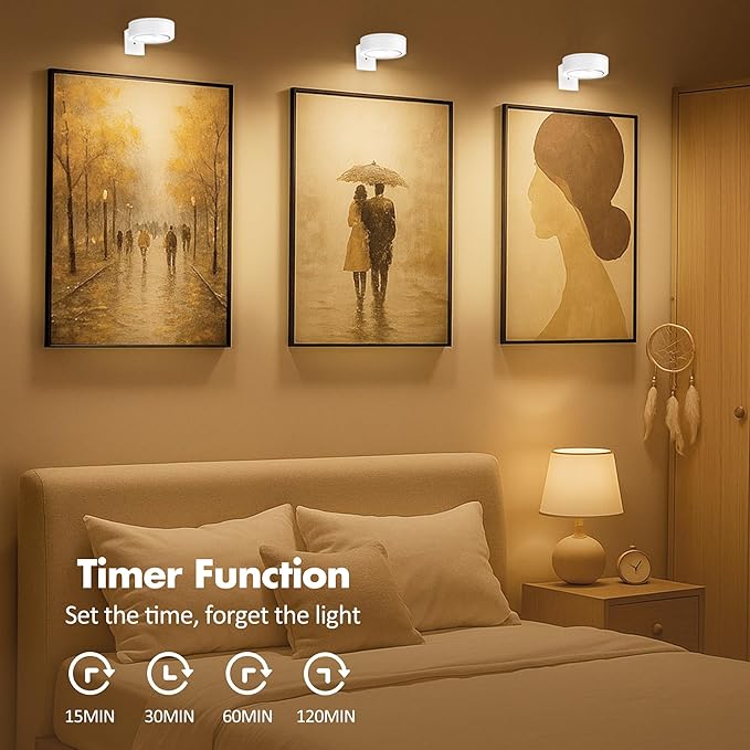 3Pcs Picture Light Battery Operated, Wireless Led Painting Light with Remote Dimmable and Timer, 3 Lighting Modes Art Display Light for Picture Frame Artworking Portrait, Wall Decorative Puck Lights