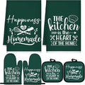 Sratte 6 Pcs Kitchen Decor Accessories Set Farmhouse Towels Pot Holders Oven Mitts Set 2 Dish Towels 2 Potholders 2 Cooking Mittens Oven Glove for Christmas Baking Cooking(Dark Green,Kitchen)