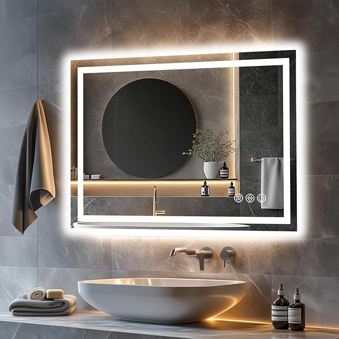 LED Bathroom Mirror, 40"x32" with Frontlit and Backlit Anti-Fog Mirror with Lights LED Vanity Mirror for Bathroom 3 Colors Temperature & Dimmable Bathroom Mirror with HD Tempered Glass