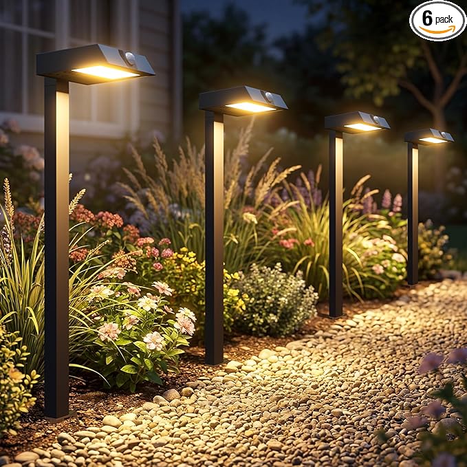 XMCOSY+ Solar Pathway Lights with Motion Sensor 6 Pack, 300LM Metal Solar Lights Outdoor Waterproof, 3 Modes Landscape Lighting for Garden, Backyard, Outside, Path (Warm/Cool White)