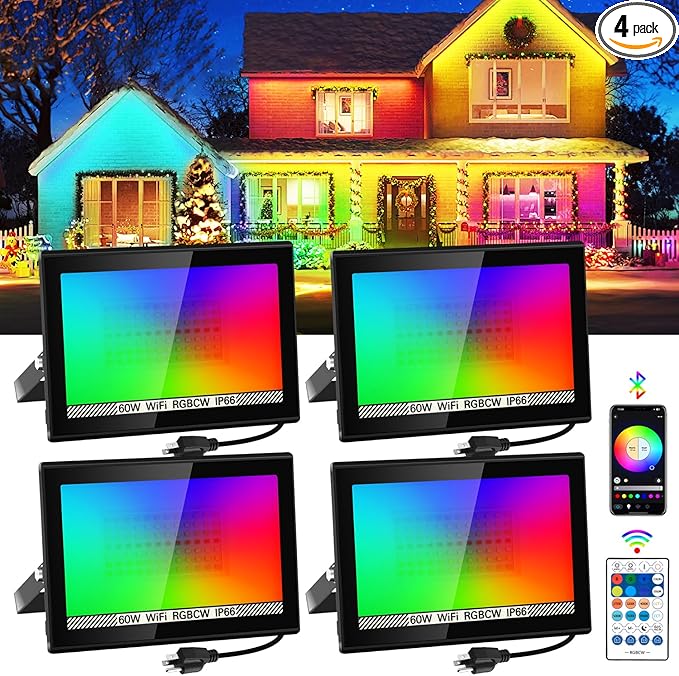 T-SUN LED Flood Lights Outdoor 60W, 600W Equivalent 6000LM Color Changing Landscape Light with APP Control, Waterproof Floodlights with 2700K & 16 Million Colors, Timing, Music Sync, US Plug(4Pack)