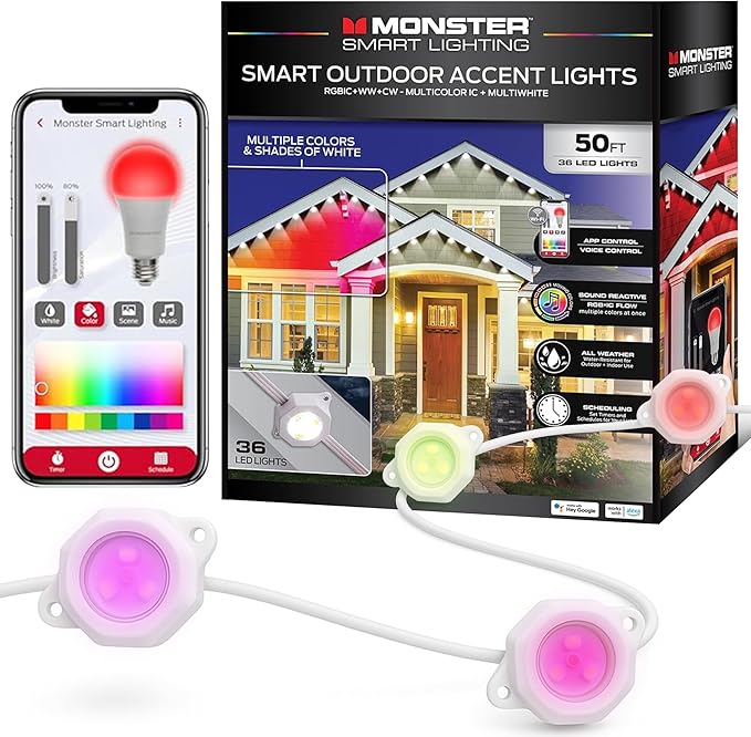 Monster Smart Permanent Outdoor Lights, 50ft, 36 LED Eaves Lights, RGB+IC+WW, Weather & Water Resistant, App & Voice Control, Compatible with Alexa and Google, for Halloween, Christmas & Year-Round