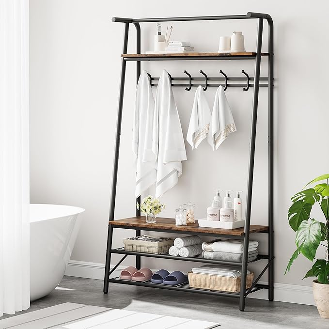 39" Coat Rack, Hall Tree with Shoe Bench for Entryway, 4-Tier Shelf With Hooks Hall Tree with Storage, 4 in 1 Freestanding Metal Frame Multifunctional Hallway Organizer, Accent Furniture for Bathroom