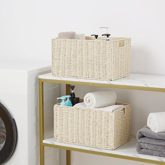 Vagusicc Wicker Storage Basket, Set of 2 Hand-Woven Paper Rope Wicker Basket, Small Storage Baskets for Organizing Toilet Paper Basket, Foldable Large Cube Storage Organizer Bins for Shelves (Beige)